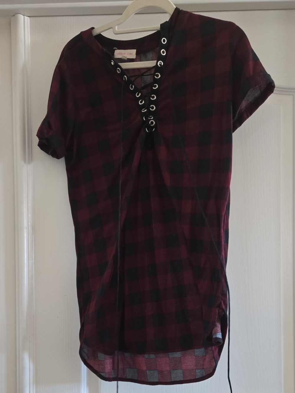 Plaid Lace-Up Short Sleeve Top - Burgundy/Black